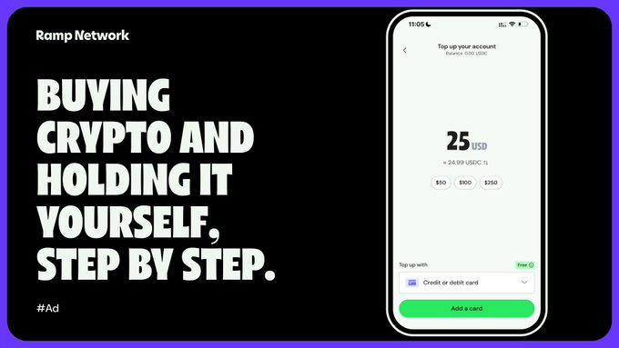 An advertisement for "Ramp Network" with the text "BUYING CRYPTO AND HOLDING IT YOURSELF, STEP BY STEP." alongside a smartphone screen for topping up an account with USDC.