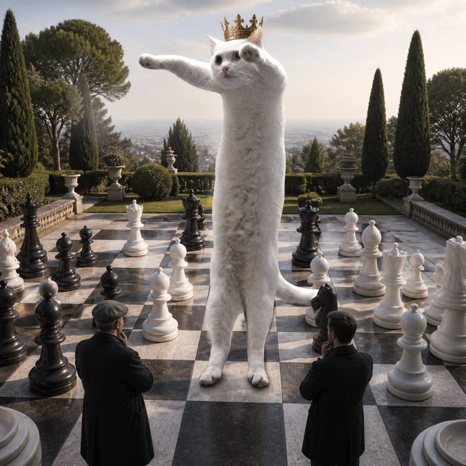 Surreal digital artwork depicting a giant white cat wearing a golden crown, standing on a chessboard and making a move while two men in black coats observe.