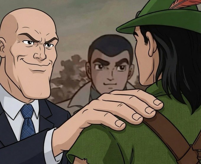 An animated scene showing a bald, smiling man in a suit placing his hand on the shoulder of a character wearing a green Robin Hood-style hat, with another character looking on in the background.