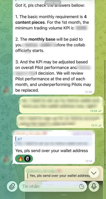 A WhatsApp chat screenshot discussing a 'Pilot' collaboration requiring 4 content pieces monthly, a base payment, and KPI-based performance reviews, ending with a request for a wallet address.
