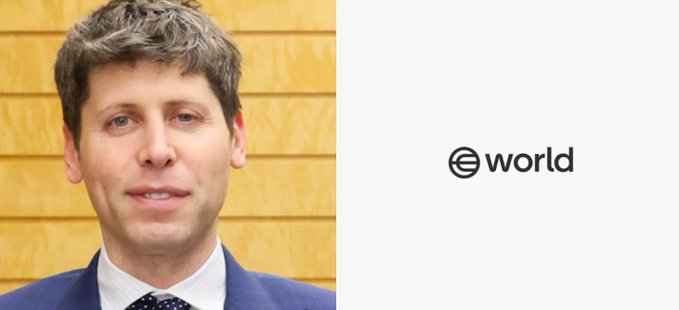 A side-by-side image showing Sam Altman on the left and the 'world' logo (Worldcoin/World ID) on the right.