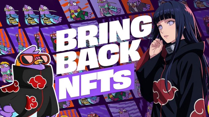 Anime-style artwork featuring Naruto/Akatsuki character with text 'BRING BACK NFTS' and a pattern of cartoon NFT characters in the background.