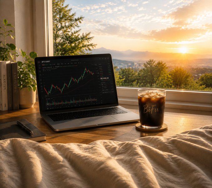 A cozy workspace setup by a window at sunset, featuring a laptop displaying a BTC/USDT trading chart on ETCHabit, a glass of iced coffee labeled "BiFu," books, a plant, and a notebook on a wooden desk with mountains visible in the distance.