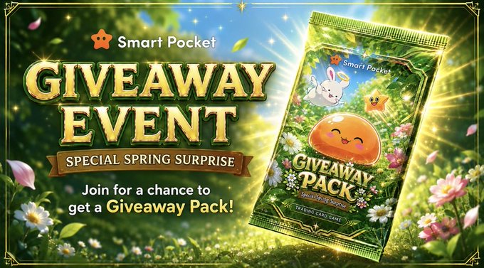 A promotional graphic for Smart Pocket's "GIVEAWAY EVENT - Special Spring Surprise" featuring a Giveaway Pack trading card game booster pack set against a floral spring background, inviting participants to join for a chance to win the giveaway pack. The image complements the post announcing winners and requesting their Phantom SOL wallet addresses for prize distribution.