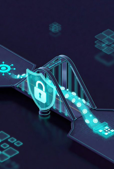 A digital illustration depicts a glowing teal padlock shield with a padlock icon, situated on a futuristic bridge structure with flowing data streams of coins connecting blockchain networks.