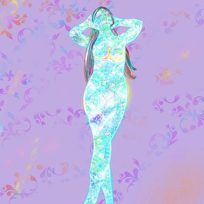 An illustrated figure of a woman with long hair stands against a purple background decorated with floral patterns, her body rendered in a glitchy, iridescent light blue style.