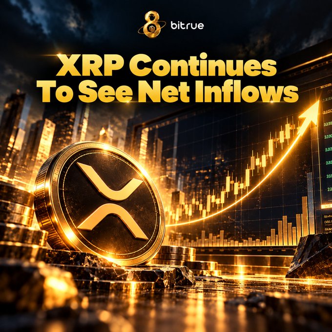 A promotional Bitrue graphic titled "XRP Continues To See Net Inflows" featuring a glowing gold XRP coin, an upward-trending chart with rising arrow, and a cityscape backdrop, visually reinforcing the post's message about sustained $4.74M in weekly net inflows into Spot XRP ETFs and growing altcoin momentum.