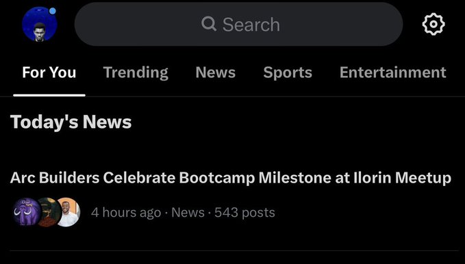 Screenshot of a social media app's news feed showing 'Today's News' with a headline 'Arc Builders Celebrate Bootcamp Milestone at Ilorin Meetup' posted 4 hours ago.