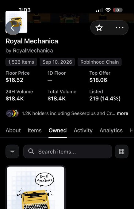 The image shows a Royal Mechanica NFT collection page on Robinhood Chain, displaying 1,526 items with a floor price of $16.52, top offer of $18.06, and 24H/total volume of $18.4K. The collection's modest trading volume and relatively low price points contrast with the post's boastful tone about massive profits, suggesting the "jeeters" may actually be celebrating dodging a loss on this underperforming NFT collection.