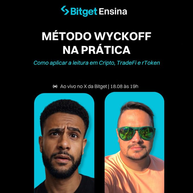 A promotional graphic for Bitget Ensina titled 'MÉTODO WYCKOFF NA PRÁTICA' (How to apply reading in Crypto, TradeFi and rToken), featuring headshots of two men and noting a live event on X at 19h on 18.08.