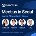 A promotional graphic for Sanctum 'Korea Blockchain Week' in Seoul, listing speakers Andrew, Daniel Lee, Eddie Park, and Yun, dated September 29th to October 1, 2026.
