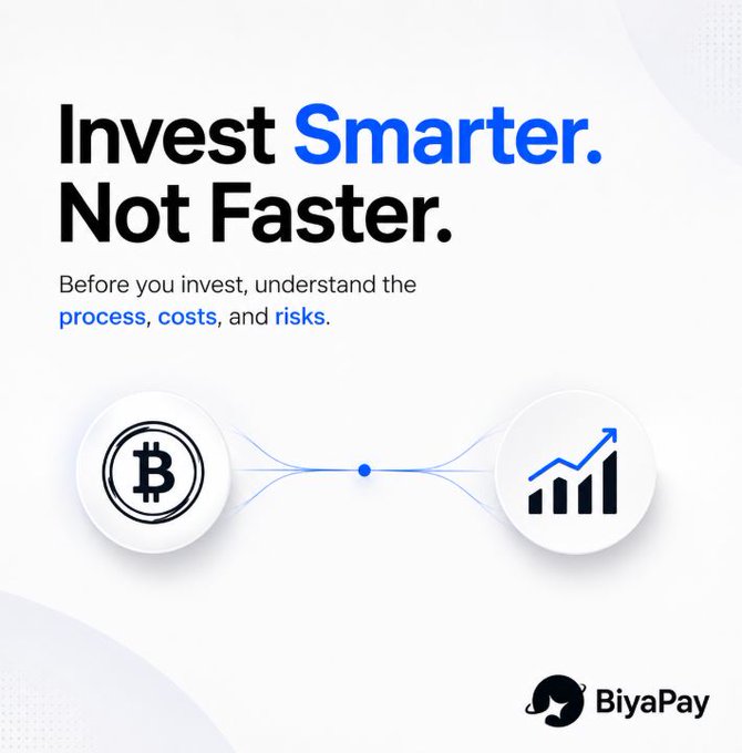 A BiyaPay promotional graphic with the tagline 'Invest Smarter. Not Faster.' urging investors to understand 'process, costs, and risks' before investing, featuring Bitcoin and growth chart icons.