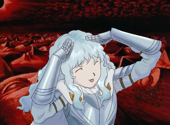 A blue-haired anime character in silver armor laughs joyfully with hands raised to her head, set against a surreal red fleshy background, seemingly mocking or celebrating the idea of people rushing into an unannounced crypto deployment only to be left empty-handed.