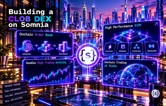 Futuristic neon cityscape poster titled "Building a CLOB DEX on Somnia," highlighting features like onchain order book, high performance EVM, high trading activity, and onchain trading at scale, with the Somnia 'S' logo at center.