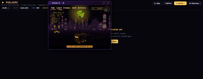 A screenshot of the POOLGEMS website featuring a pop-up for 'THE LOST PIXEL GEM #00001' showing a pixelated game scene with a green gem.