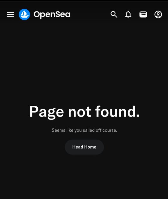 A screenshot of an OpenSea webpage displaying a 'Page not found.' error message with the text 'Seems like you sailed off course' and a 'Head Home' button.