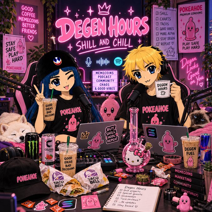 Two anime-style characters wearing "Pokeahoe" shirts sit at a neon-lit streaming desk promoting "Degen Hours: Shill and Chill," surrounded by posters reading "Good Coffee, Memecoins, Better Friends" and "Stay Safe Play Hard," a checklist of crypto shilling tasks, and Taco Bell, Monster, and Celsius energy drinks—all visually capturing the memecoin podcast's chaotic, community-driven vibe teased in the announcement for tonight's 7pm EST episode.