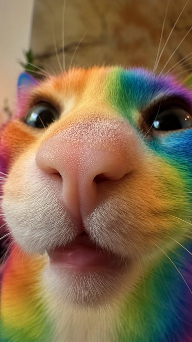 A close-up AI-generated image of a cat's face with its fur colored in a vibrant rainbow pattern, giving it a unique tie-dye appearance.