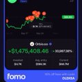 A Fomo trading app interface showing a stock chart with the price +$1,475,408.46 and a gain of +20,061.38% in green, with Tesla (TSLA) and AMC (AMC) tickers visible.