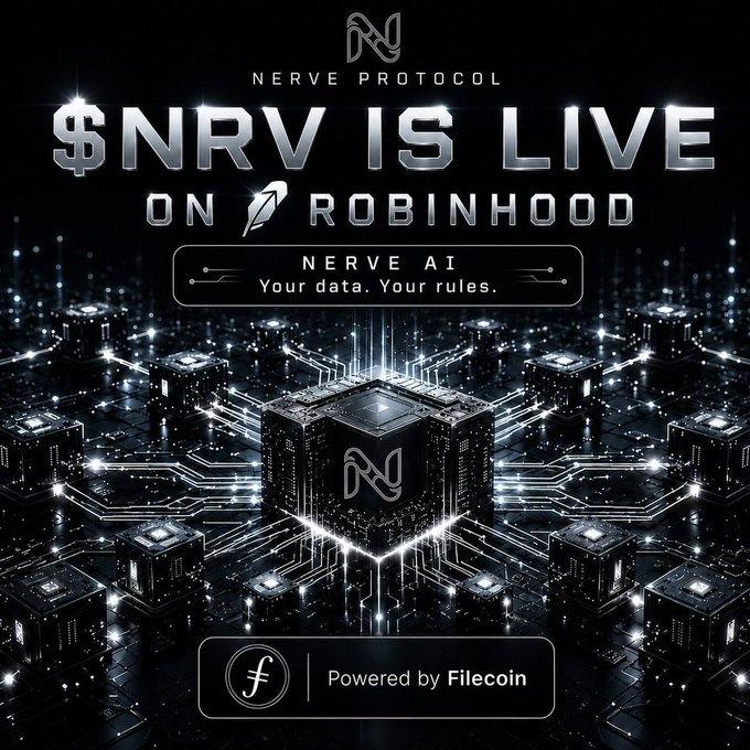 A promotional graphic announcing "$NRV IS LIVE ON ROBINHOOD" for Nerve Protocol, featuring a dark futuristic cityscape with glowing circuit-like cubes displaying the NRV logo, and noting it is "Powered by Filecoin" with the tagline "NERVE AI - Your data. Your rules." The visual reinforces the post's message about NRV's availability on Robinhood Crypto Chain, its privacy-focused AI powered by Filecoin, and onchain ZK proof capabilities.