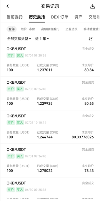A mobile trading app screen titled '交易记录' (Transaction Records) showing historical orders tab with multiple OKB/USDT buy orders, displaying quantities of 100 USDT, exchange amounts of OKB (ranging from 1.237 to 1.275), and average prices around 80 USDT, dated from late June to early July 2026.