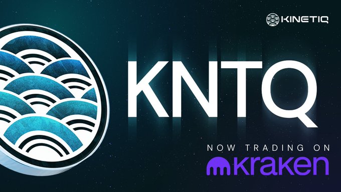 The image features a logo for a trading platform called KNTQ, which stands out against a dark blue background with white text. Below the logo, there's a caption that reads "Now trading on Kraken", indicating that the platform is available for use in the cryptocurrency market. The combination of colors and text creates an eye-catching design that effectively communicates the platform's offerings to potential users.