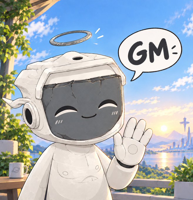 A cute cartoon astronaut character wearing a halo waves hello with a speech bubble reading 'GM' against a scenic background featuring a city skyline and tower.