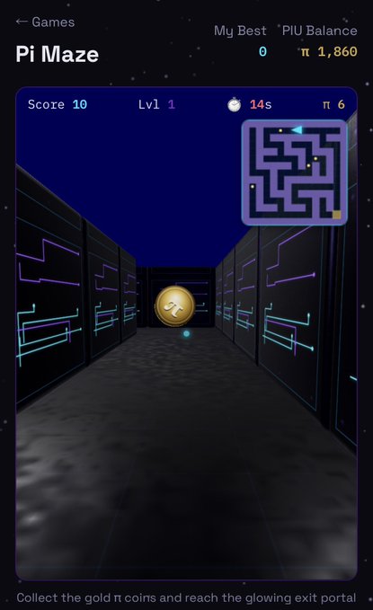 The image shows a 3D rendering of a maze with a gold coin at its center, surrounded by walls that are illuminated with blue neon lights. The room appears to be a virtual reality environment designed for playing games like Pi Maze. The caption suggests that there might be more games available on the network and encourages users to explore and enjoy the immersive experience provided by the game.