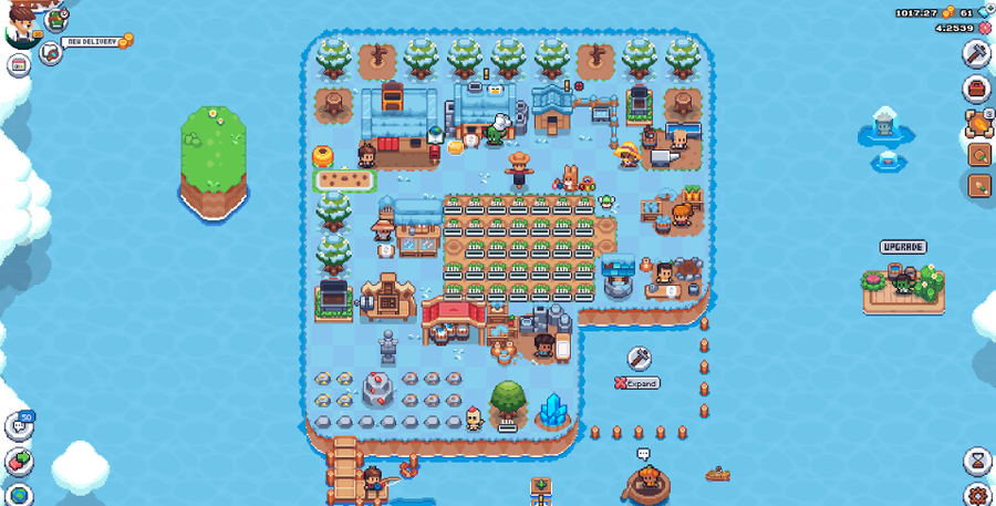 A screenshot of a pixel-art island farming simulation game (similar to Farm Together), featuring crops, buildings, characters, and an 'Upgrade' button on the right side.
