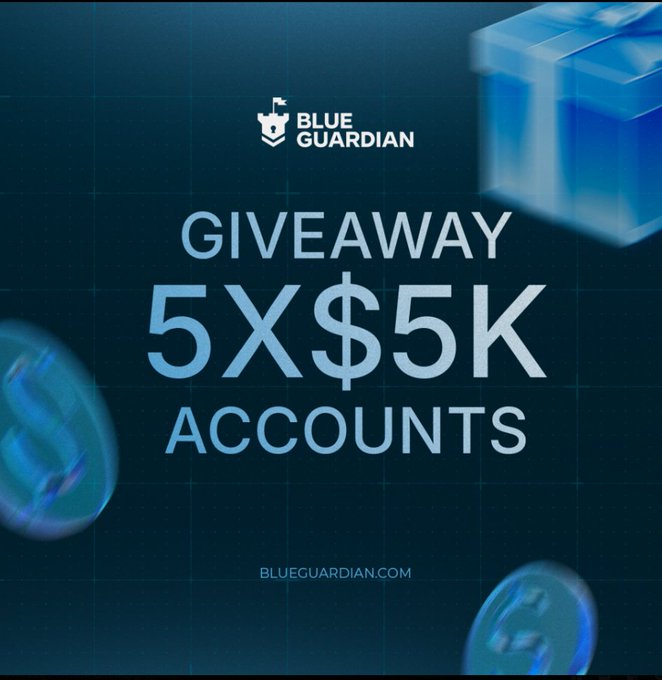 A promotional graphic for "BLUE GUARDIAN" advertising a "GIVEAWAY 5X$5K ACCOUNTS" at blueguardian.com with blue digital design elements.