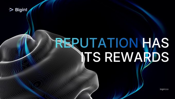 A digital graphic with the Bigint logo displays the headline "REPUTATION HAS ITS REWARDS" in bold blue and white text, layered over an abstract black, white, and teal wave design. The visual reinforces the post's message about how a 1,000+ Bigint Reputation Score on Base carries over to new networks, symbolizing lasting, interchangeable achievement.