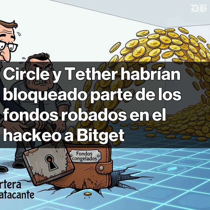 A Spanish-language news cartoon showing the Bitget hack with the headline 'Circle y Tether habrían bloqueado parte de los fondos robados en el hackeo a Bitget', depicting a hacker and a frozen wallet of funds.
