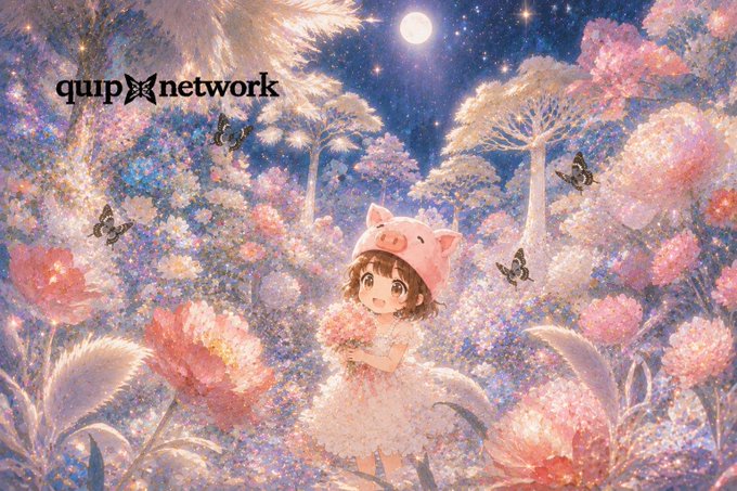The image features a girl wearing a hat, holding flowers, and standing among pink flowers with butterflies around her. The background of the image has a dark blue sky and trees, creating an enchanting atmosphere. The text "quip network" is written in white at the top left corner of the image.