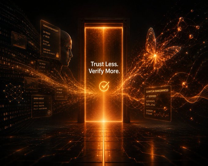 The image features a door that has a butterfly on it, with the words "trust less. Verify more." written above it. The background of the image is black, but there are orange lines and shapes scattered throughout, creating an interesting visual effect. There are also several other elements in the image, such as a person's face and some text, which contribute to the overall composition.