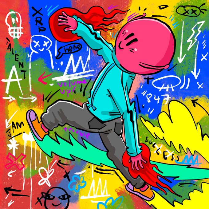 A vibrant graffiti-style digital illustration of a pink-headed cartoon figure riding a skateboard across a colorful, doodle-filled background.