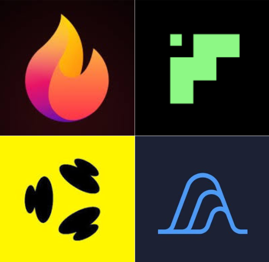A four-panel grid displaying stylized logos: a gradient flame in the top left, a green pixelated shape in the top right, black blobs on a yellow background in the bottom left, and a blue waveform on dark blue in the bottom right.