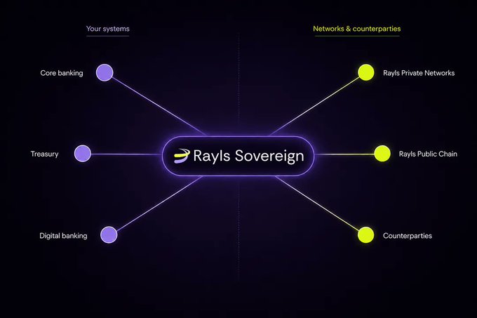 A diagram showing 'Rayls Sovereign' connecting internal systems (Core banking, Treasury, Digital banking) to networks and counterparties (Rayls Private Networks, Rayls Public Chain, Counterparties).