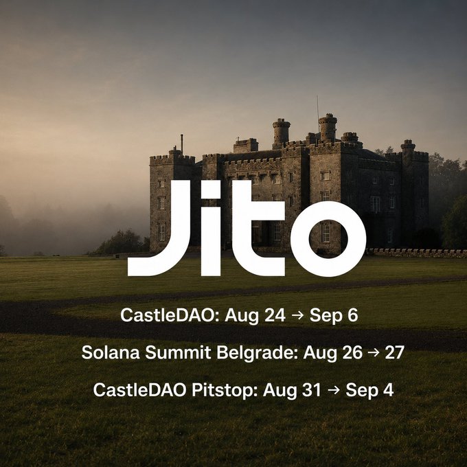 A castle stands in a misty field with overlaid white text reading 'Jito' and event dates for CastleDAO, Solana Summit Belgrade, and CastleDAO Pitstop.