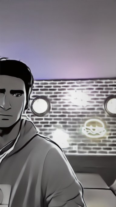 A stylized black-and-white animated illustration shows a serious-looking man in a hoodie standing in front of a brick wall with glowing circular lights, with a glowing gold crown emblem in the background.