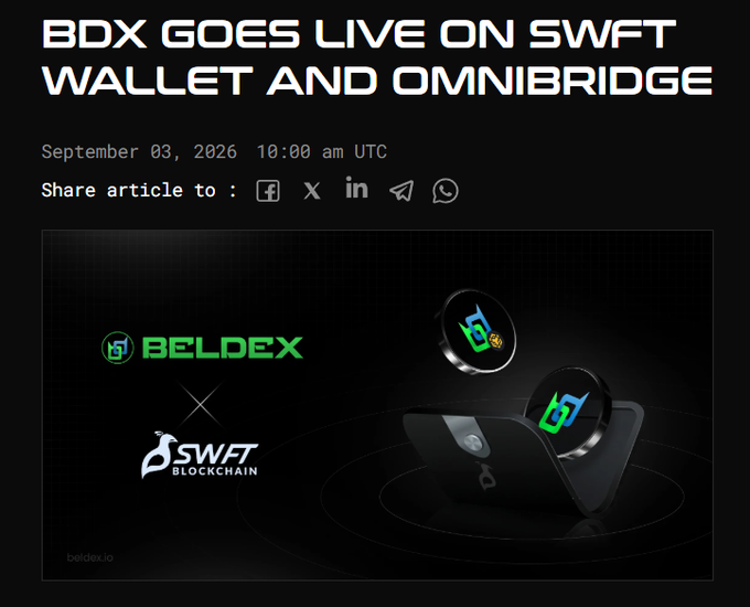 An announcement page reading 'BDX GOES LIVE ON SWFT WALLET AND OMNIBRIDGE' dated September 03, 2026, showing logos for Beldex and SWFT Blockchain alongside images of BDX coins.