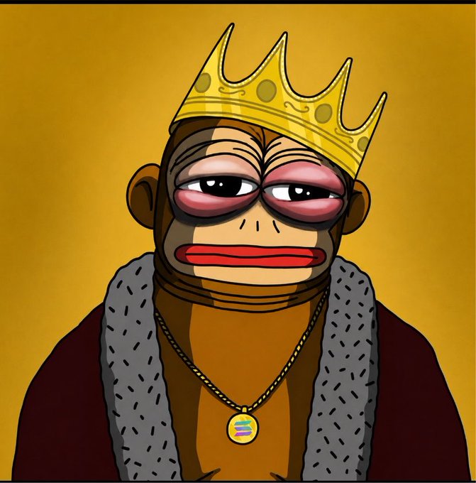 A digital illustration of a cartoon monkey wearing a gold crown, a thick gold chain with a Solana (SOL) pendant, and a maroon robe with a fur collar against a gold background.