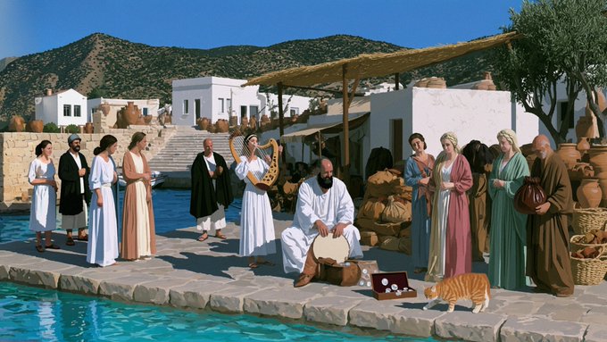 An ancient Greek marketplace scene set near a pool, featuring figures in traditional robes and tunics, a man playing a harp, pottery displayed in stacks, and an orange tabby cat walking across the stone pavement, with white Mediterranean buildings and mountains in the background.