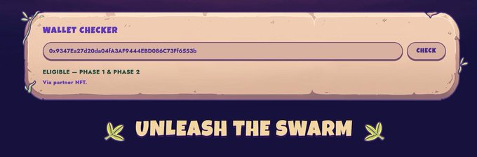 A "Wallet Checker" tool displays the eligibility result for wallet address 0x9347Ea27d20da04fA3AF944EBD086C73Ff65535b, showing "ELIGIBLE – PHASE 1 & PHASE 2" via partner NFT, despite the post's warning that having a partner NFT isn't enough to qualify for the mint—only wallets with proven on-chain activity count, disqualifying passive holders who farmed NFTs out to bot-operated wallets.