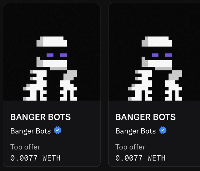 Two side-by-side NFT listings for 'BANGER BOTS' by Banger Bots (verified), each with a top offer of 0.0077 WETH, featuring pixelated skeleton characters.