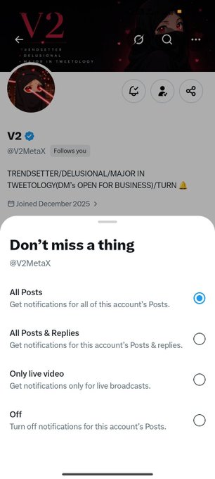 A Twitter/X profile page for V2 (@V2MetaX), with a notification settings popup open offering options to receive alerts for 'All Posts', 'All Posts & Replies', 'Only live video', or 'Off'.