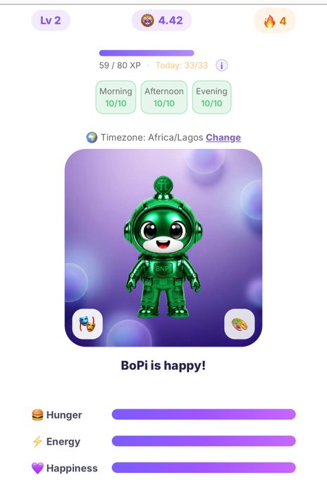 A Duolingo gamified interface showing a Level 2 profile with 4.42 streak, 59/80 XP, and a green astronaut character named 'BoPi' with full Hunger, Energy, and Happiness meters.