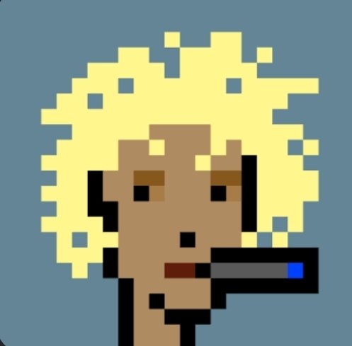 A pixel art portrait of a person with curly blonde hair, brown skin, and blue eyes, depicted smoking a dark cigarette or vape against a solid blue background.