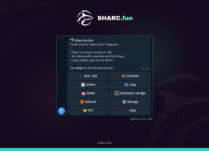 Promotional graphic for Sharc.fun's SharcFunBot Telegram trading bot, featuring options to Buy/Sell, Portfolio, Orders, Copy, Wallet, Add funds/Bridge, Referral, Settings, OTC, and Help, with the handle @sharcfun_bot.