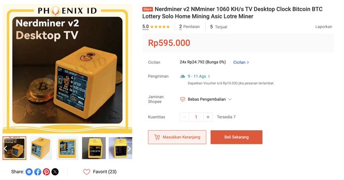 A Shopee listing for the "Nerdminer v2 NMminer 1060 KH/s TV Desktop Clock Bitcoin BTC Lottery Solo Home Mining Asic Lotre Miner" priced at Rp595,000, advertised as an easy-to-setup solo Bitcoin mining device in connection with a recent lucky solo Bitcoin miner winning a $200k block reward jackpot.