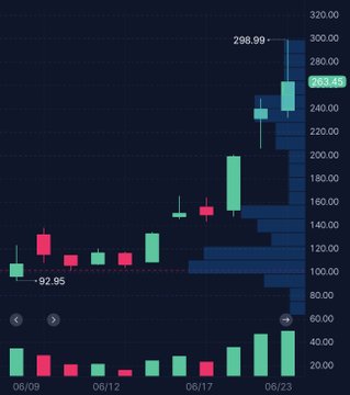 A financial candlestick chart on a dark background showing stock price data from 06/09 to 06/23, with prices ranging from 92.95 to a high of 296.99, and a current highlighted value of 263.45.